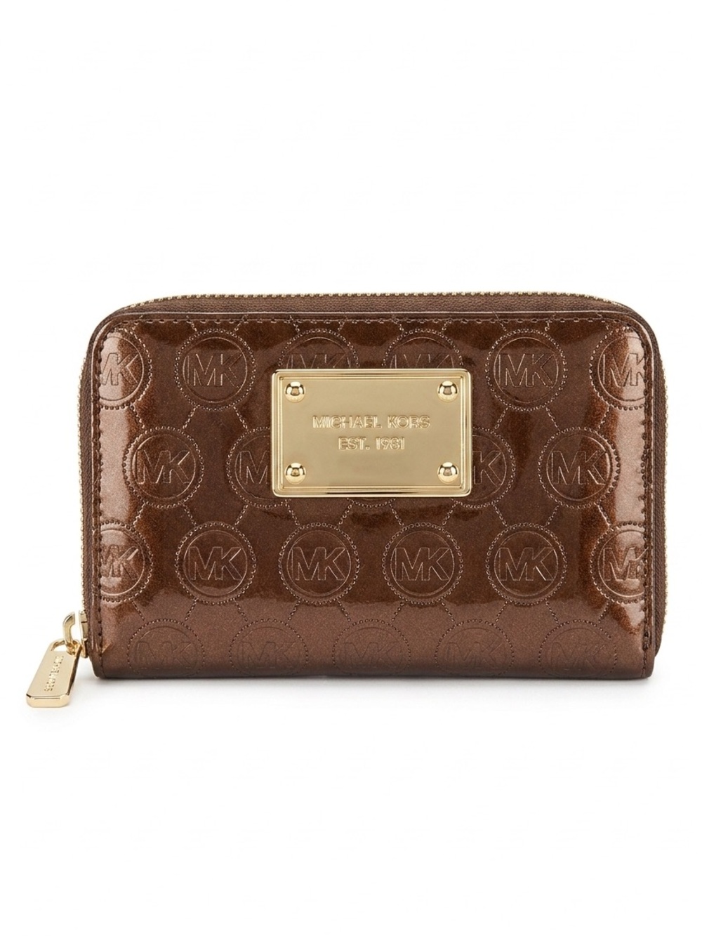 Michael Kors Patent Leather MK Logo Embossed Full Zip Around Wallet